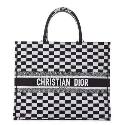 Christian Dior Canvas Embroidered Checkered Book Tote Black White 1 of 9
