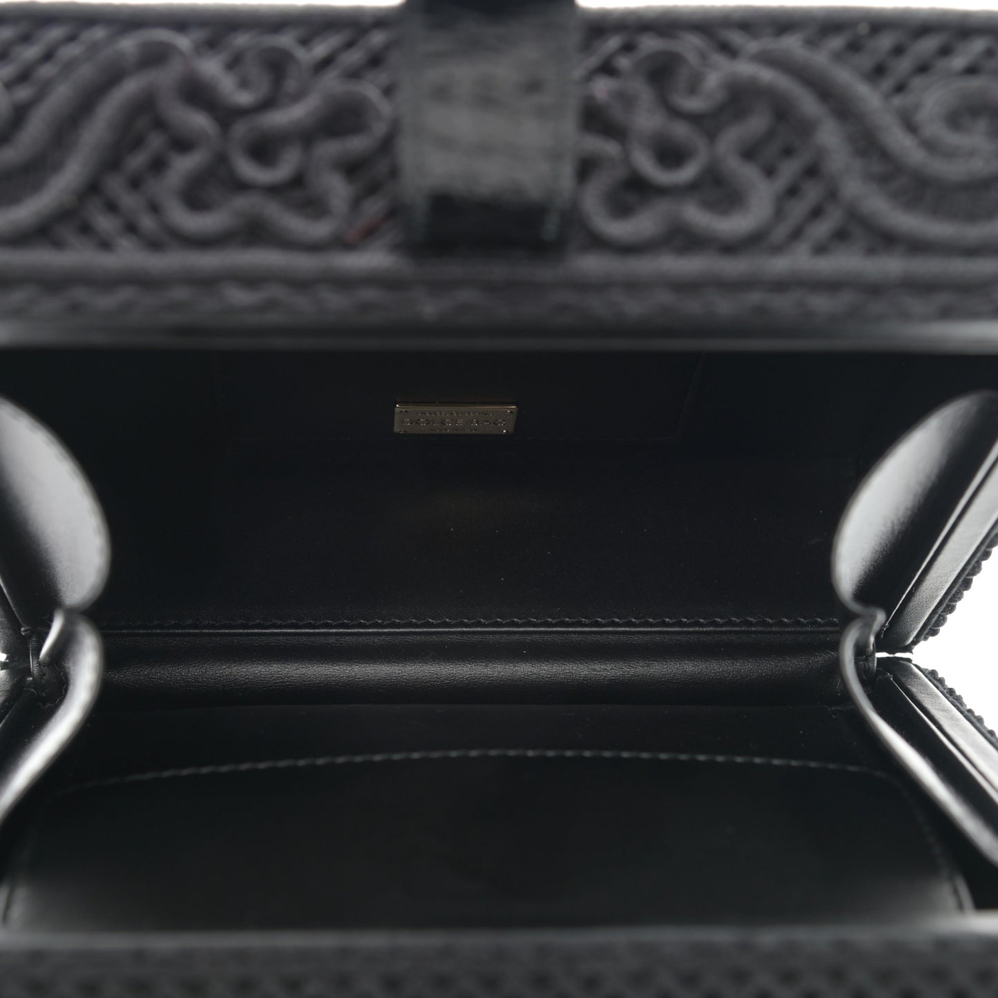 Cotton Calfskin Crocodile Embossed Cordonetto Lace Embroidered Box Shoulder Bag Black