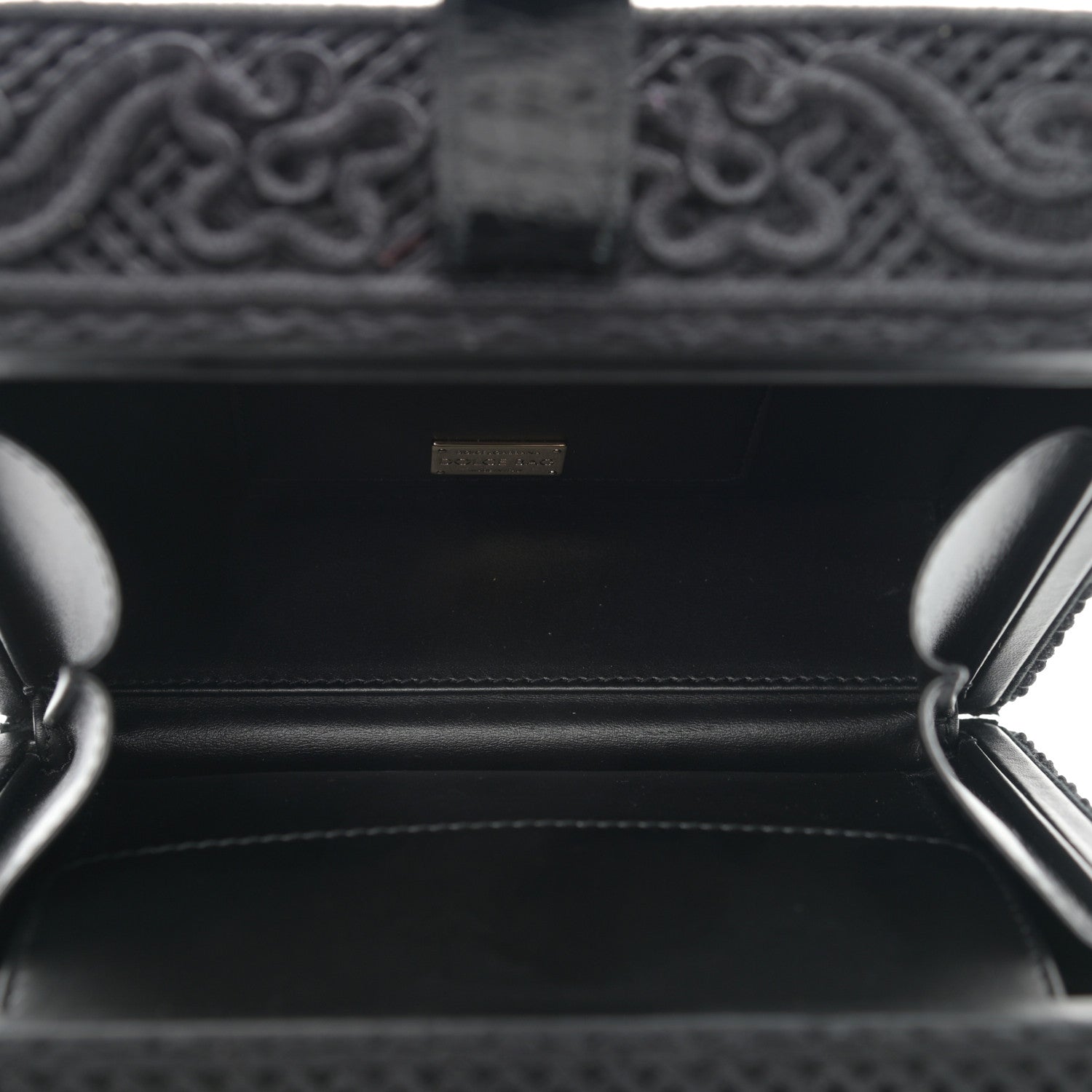 Dolce & Gabbana Cotton Calfskin Crocodile Embossed Cordonetto Lace Embroidered Box Shoulder Bag Black 5 of 9