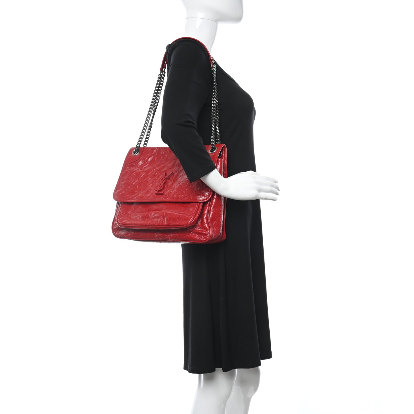 Crinkled Calfskin Matelasse Monogram Large Niki Chain Satchel Rouge Eros