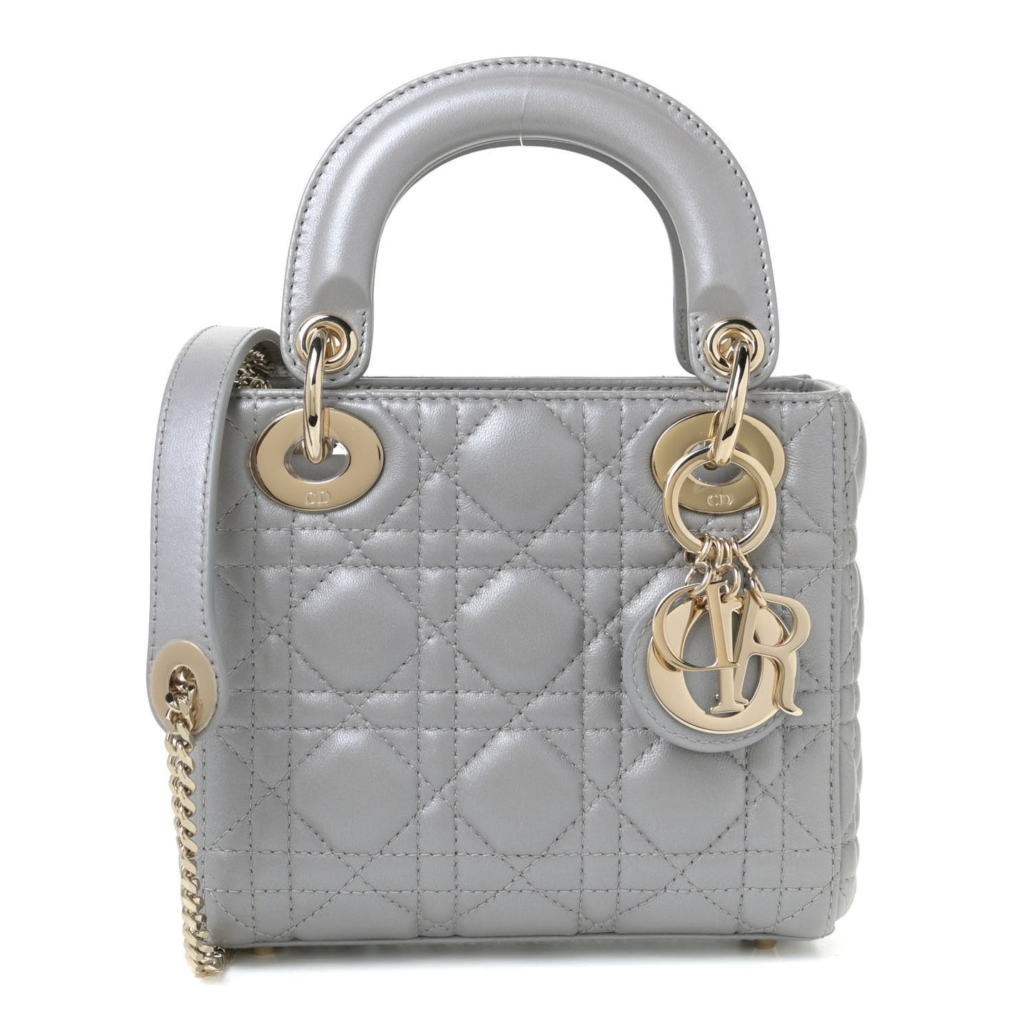 Metallic Lambskin Cannage Mini Lady Dior Grey