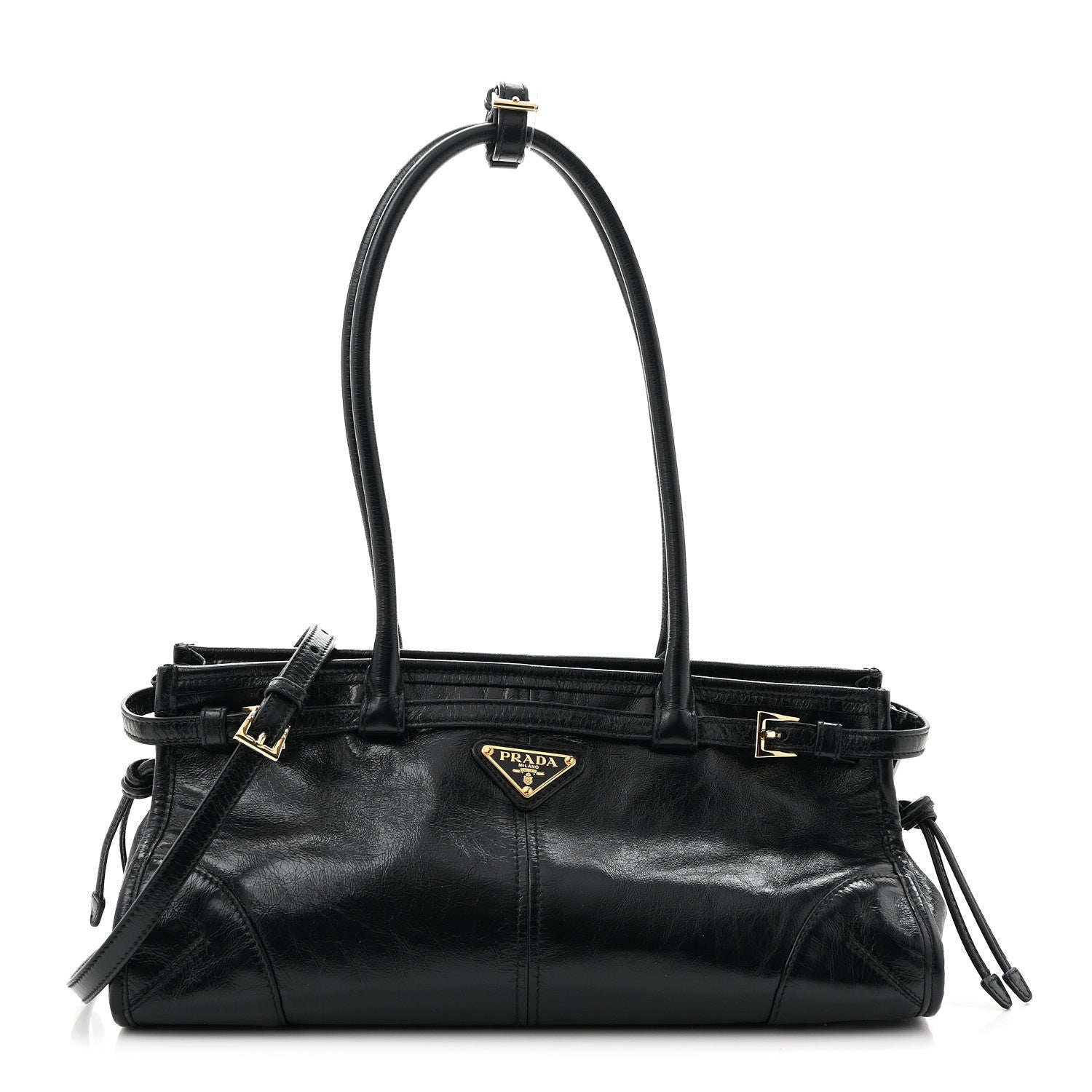 Prada Glossy Calfskin Triangle Medium Bonnie Shoulder Bag Black 1 of 11