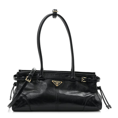 Prada Glossy Calfskin Triangle Medium Bonnie Shoulder Bag Black 1 of 11
