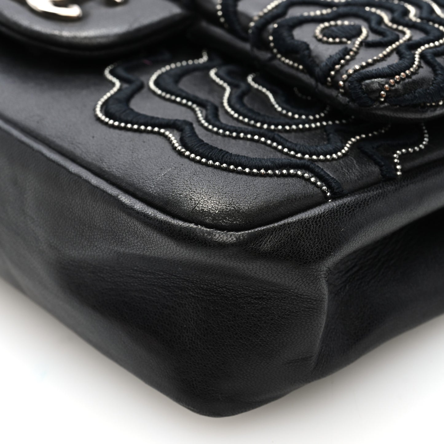 Lambskin Embroidered Camellia Follies Flap Black