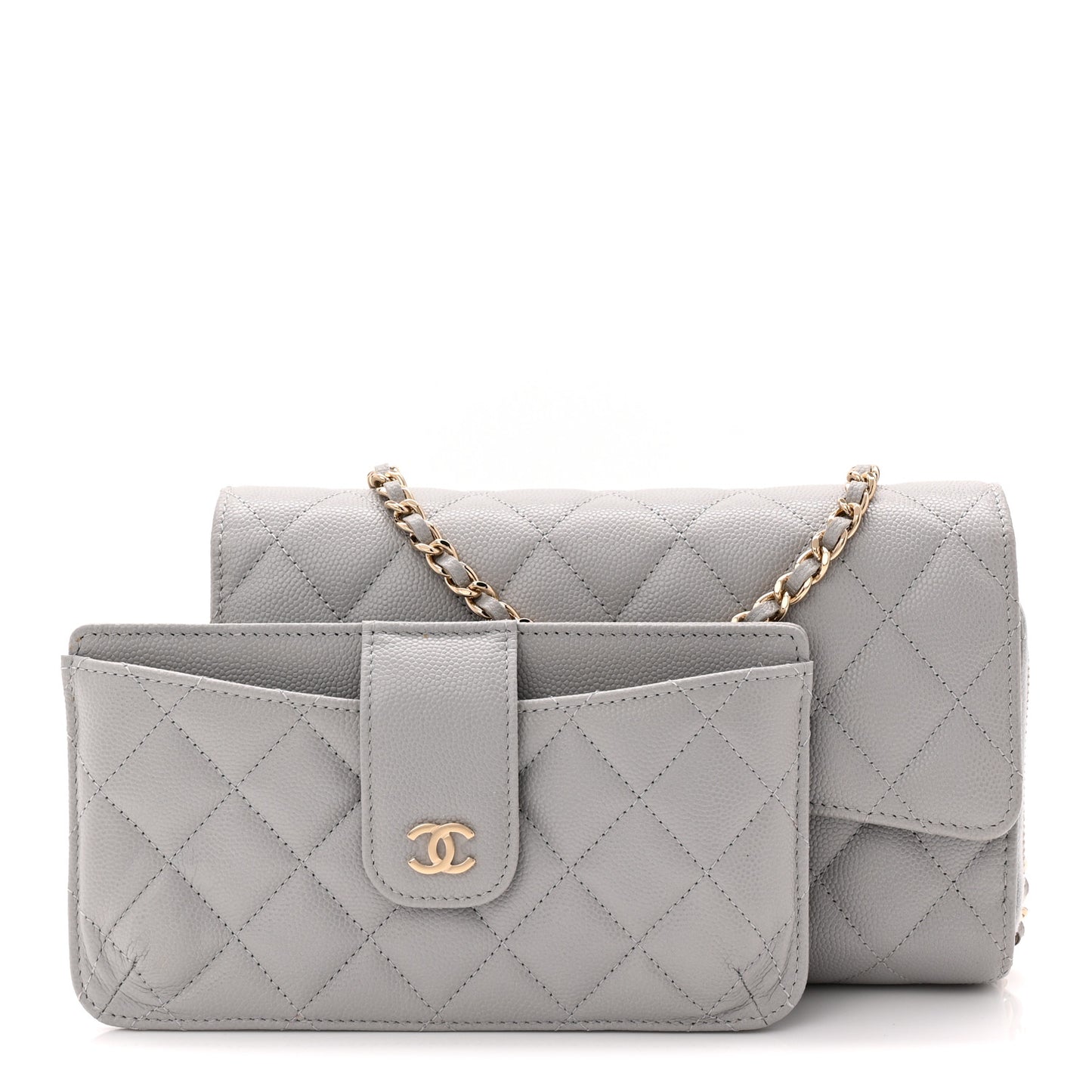 Caviar Quilted Phone Holder Wallet on Removable Chain Grey