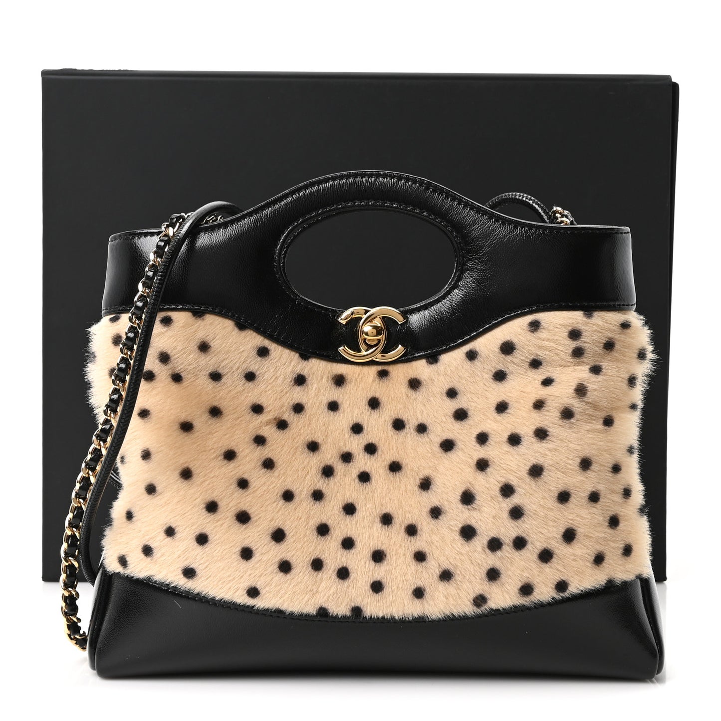 Shiny Lambskin Pony Hair Cheetah Printed Mini 31 Shopping Bag Light Beige Black