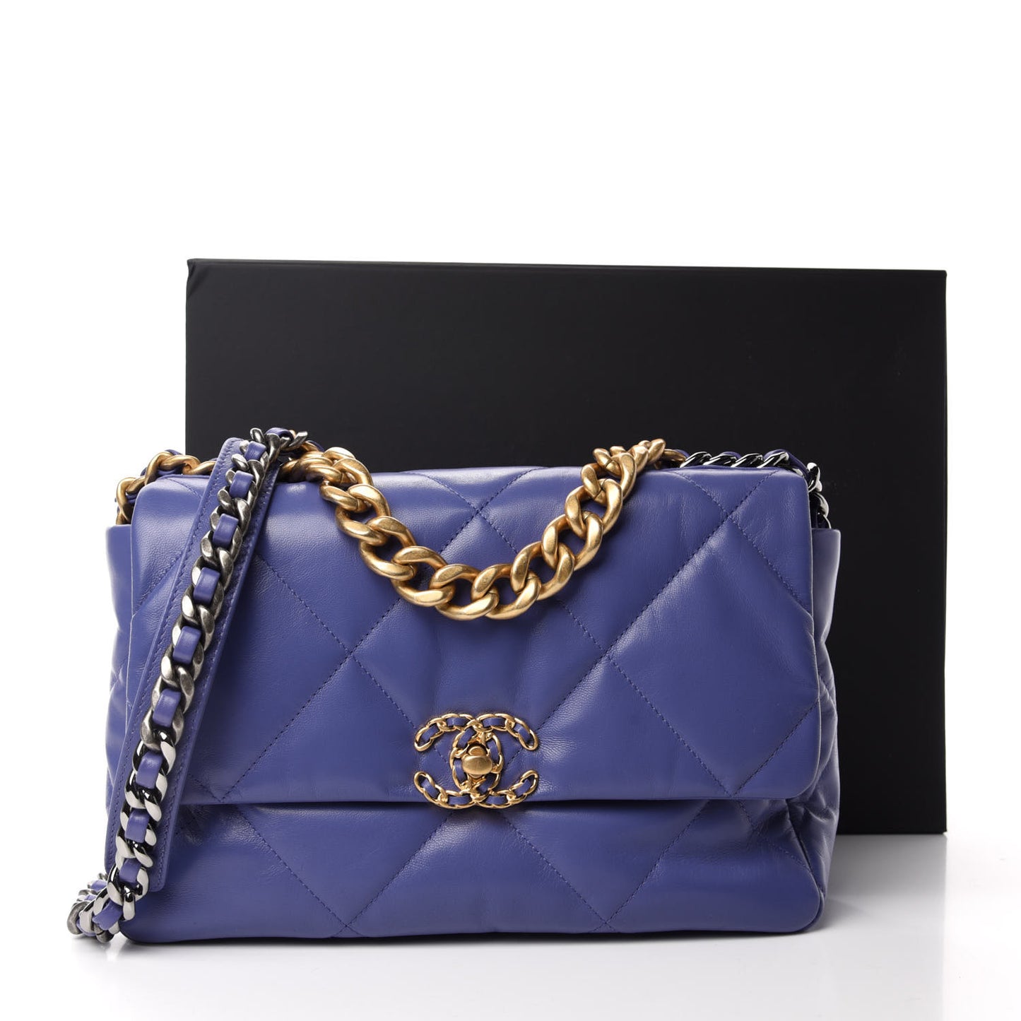 Shiny Goatskin Quilted Large Chanel 19 Flap Blue