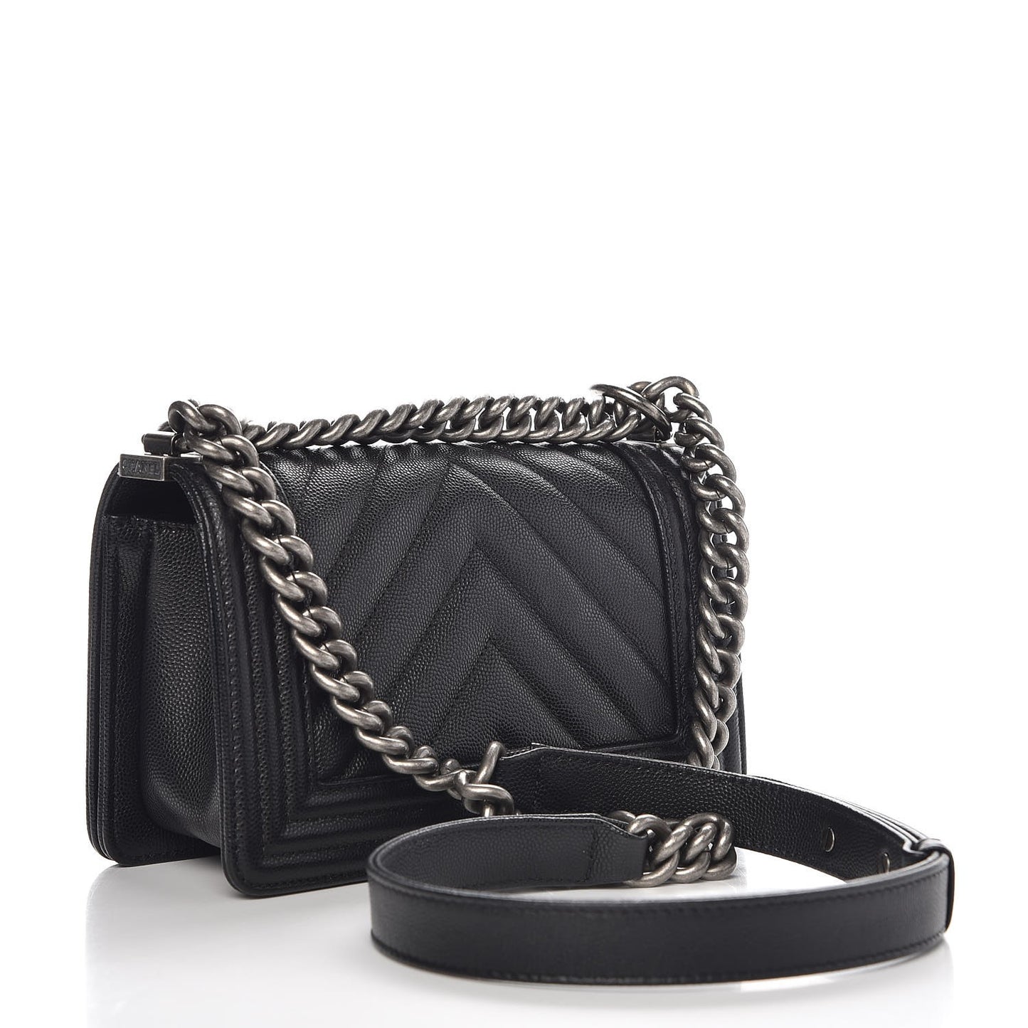 Caviar Chevron Quilted Small Boy Flap Black
