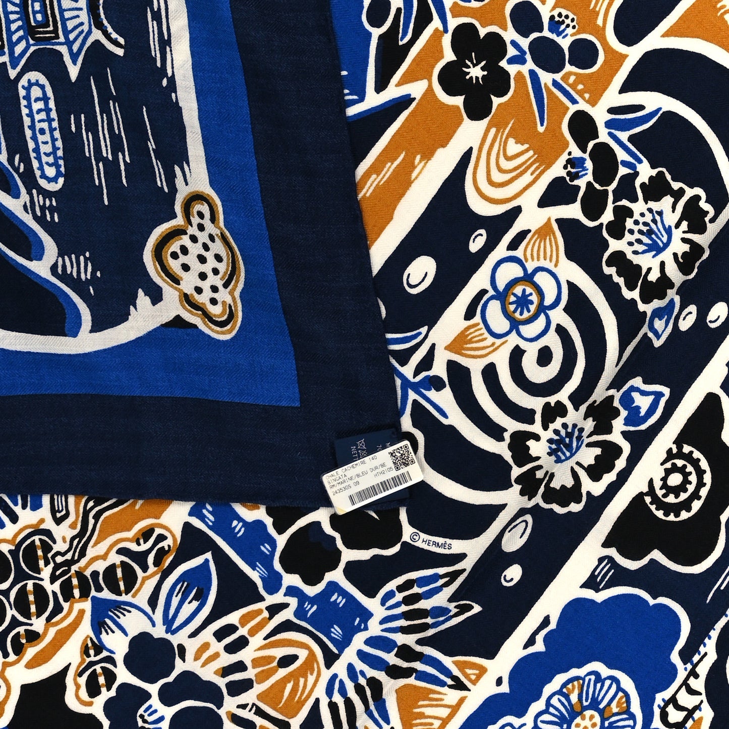 Cashmere Silk Bingata Shawl 140 Marine Bleu Dur Beige