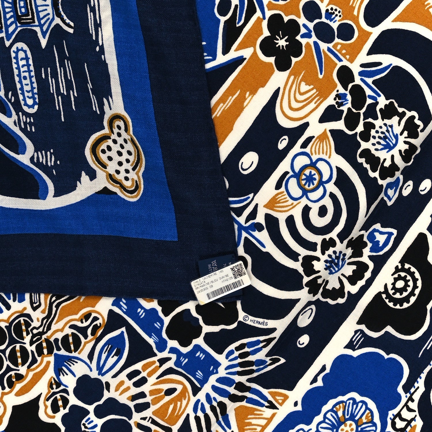 Hermes Cashmere Silk Bingata Shawl 140 Marine Bleu Dur Beige 3 of 3
