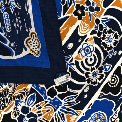 Hermes Cashmere Silk Bingata Shawl 140 Marine Bleu Dur Beige 3 of 3