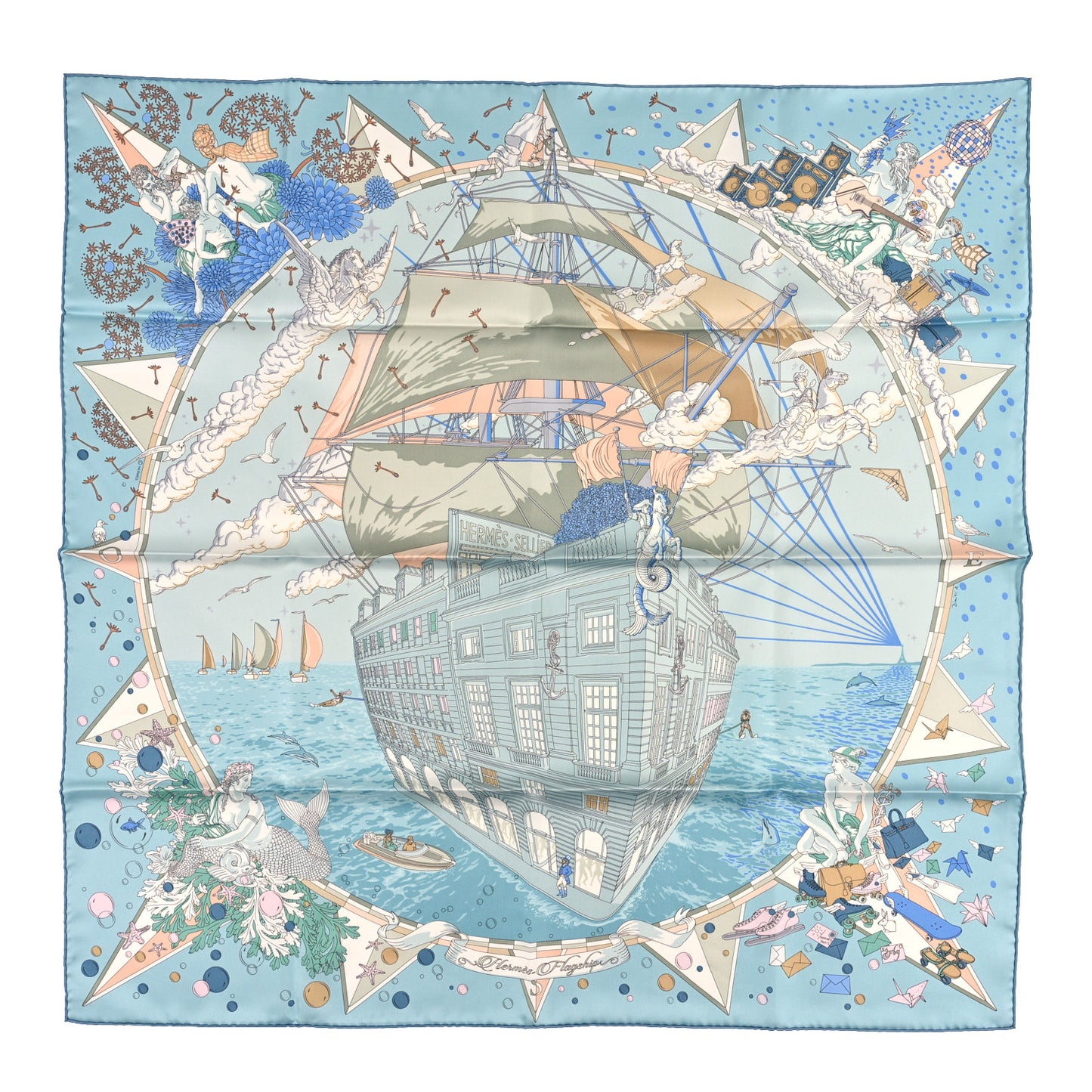 Silk Flagship Scarf 90 Bleu Ciel Vert De Gris Rose