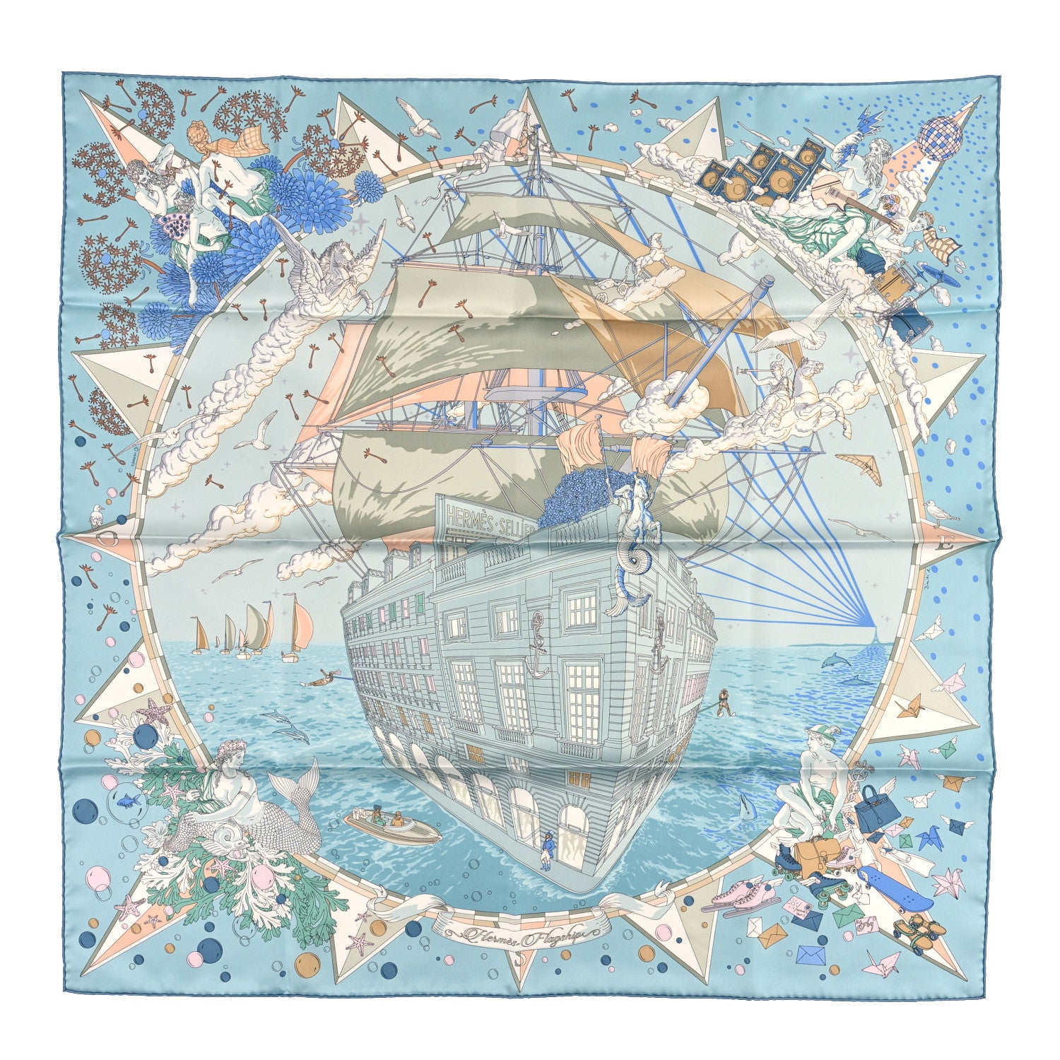 Hermes Silk Flagship Scarf 90 Bleu Ciel Vert De Gris Rose 1 of 3