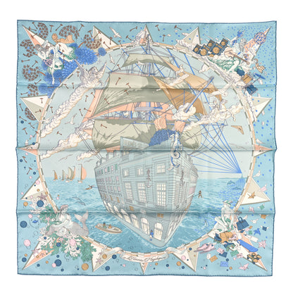 Hermes Silk Flagship Scarf 90 Bleu Ciel Vert De Gris Rose 1 of 3