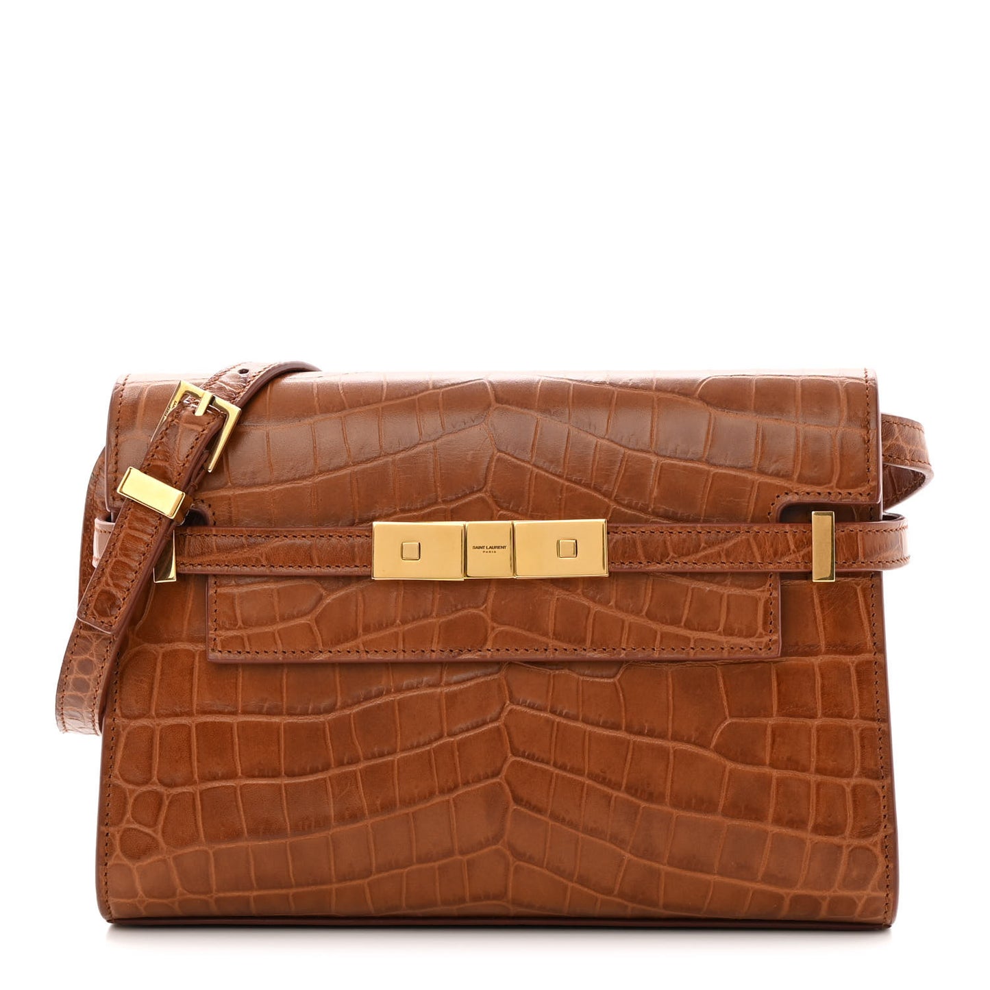 Shiny Calfskin Crocodile Embossed Small Manhattan Baguette Dark Caramel