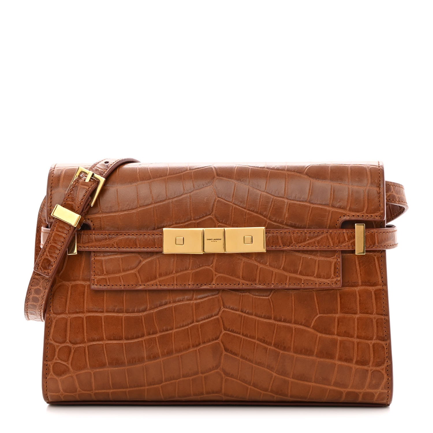 Saint Laurent Shiny Calfskin Crocodile Embossed Small Manhattan Baguette Dark Caramel 1 of 13