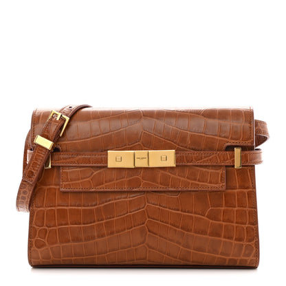 Saint Laurent Shiny Calfskin Crocodile Embossed Small Manhattan Baguette Dark Caramel 1 of 13