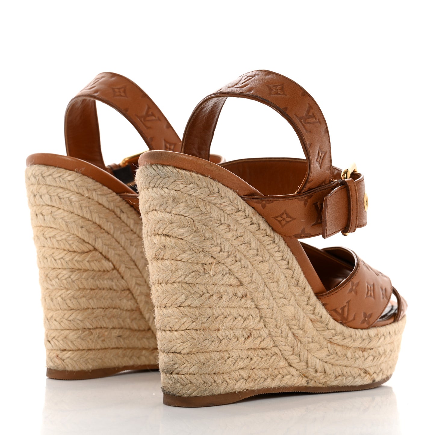 Calfskin Monogram Embossed Espadrille Wedge Sandals 35.5 Cognac