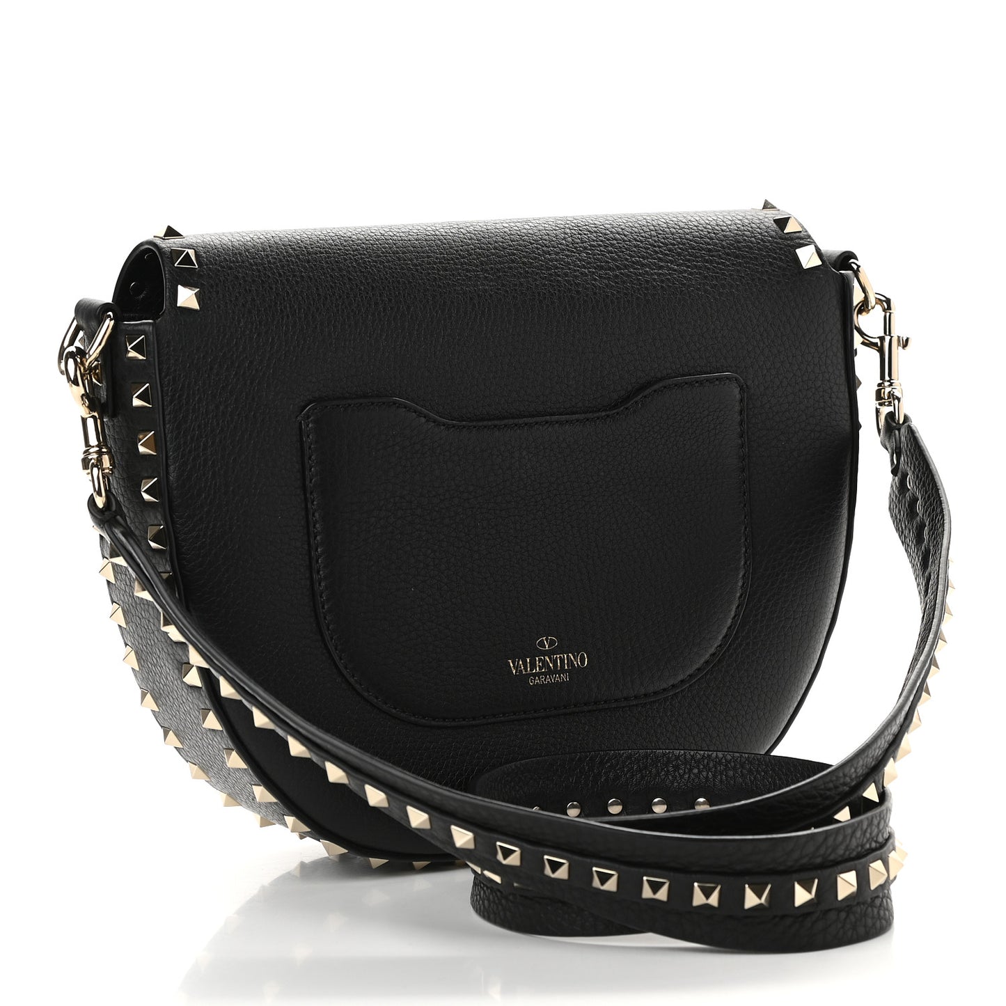 Calfskin Large Rockstud Halfmoon Saddle Bag Black