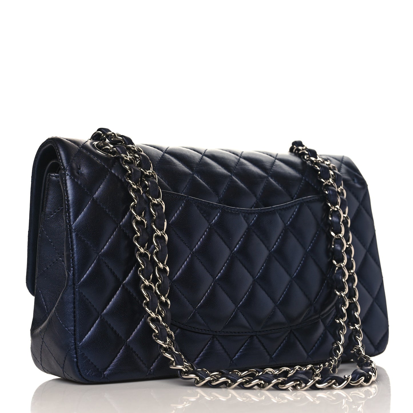 Iridescent Calfskin Quilted Medium Double Flap Navy