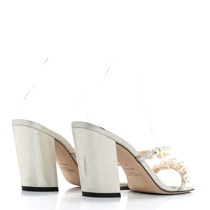 Jimmy Choo Shimmer Suede Pearl Embellished Amara 85 Mule Sandals 37 Champagne White 5 of 9