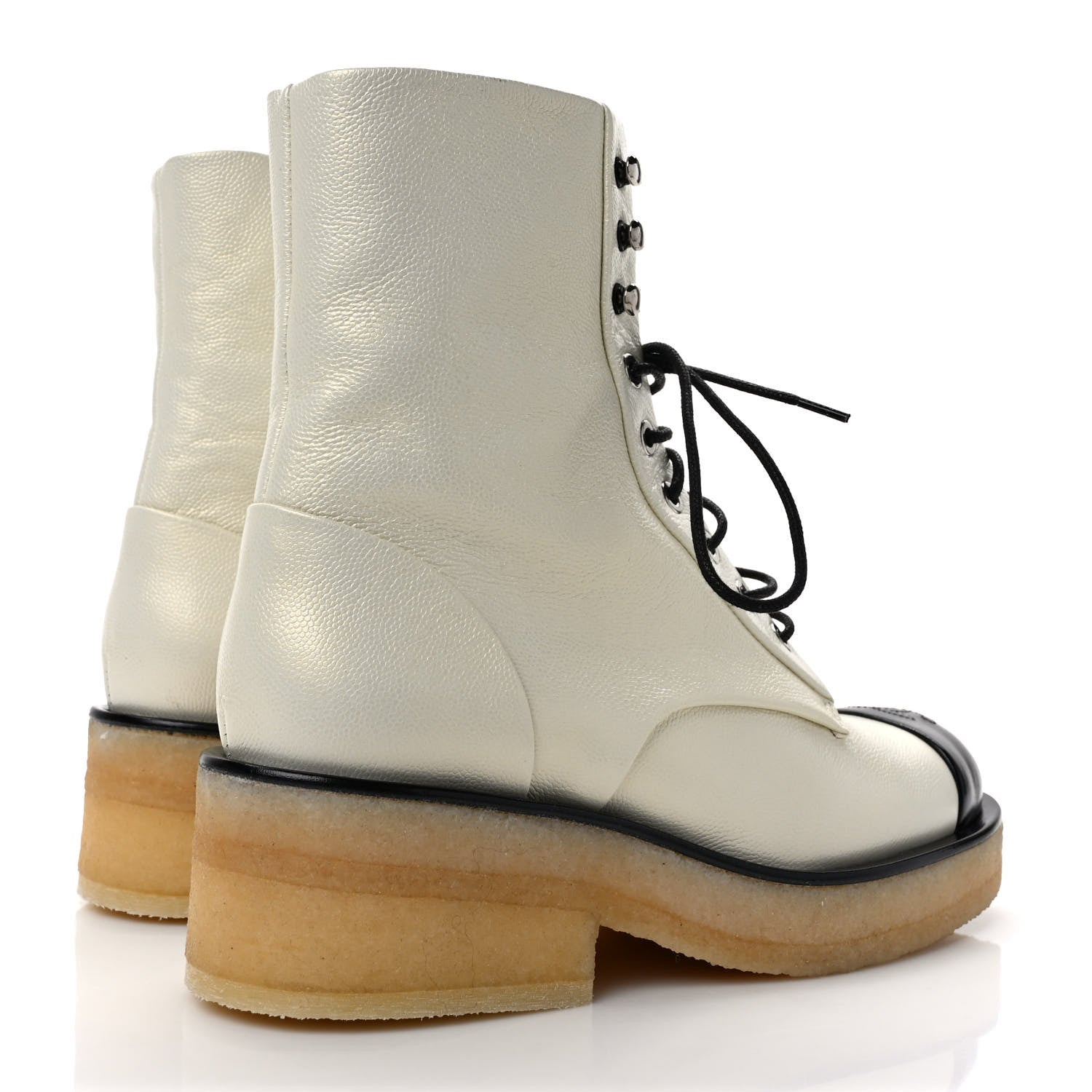 Chanel Pearlized Grained Calfskin Cap Toe Combat Boots 37 Ivory Black 4 of 9