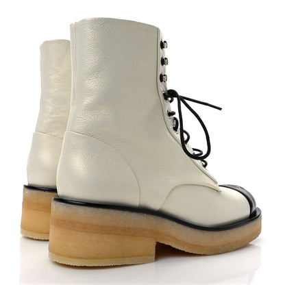 Chanel Pearlized Grained Calfskin Cap Toe Combat Boots 37 Ivory Black 4 of 9