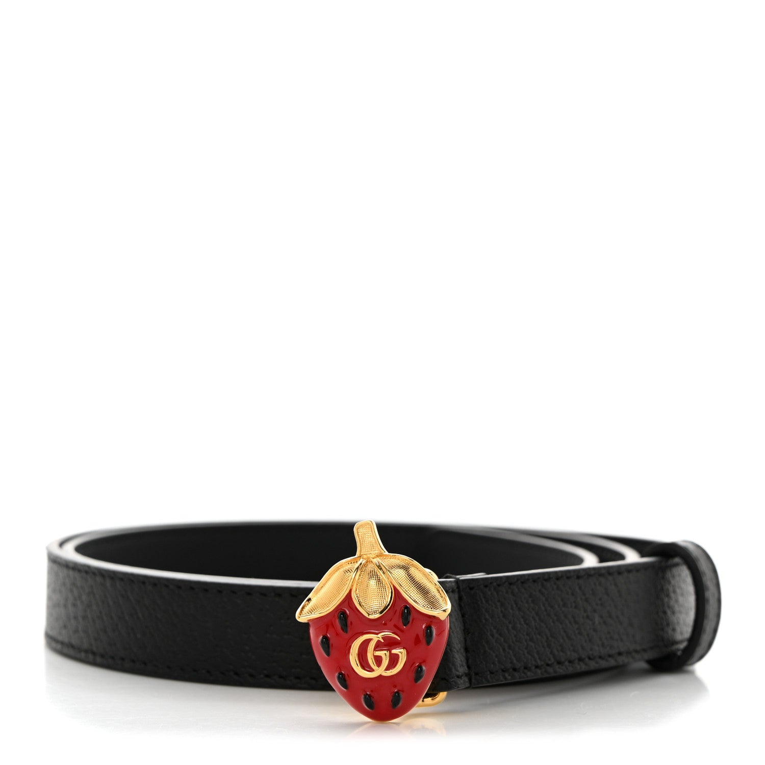 Gucci Textured Dollar Calfskin Double G Strawberry Thin Belt 85 34 Black 1 of 5