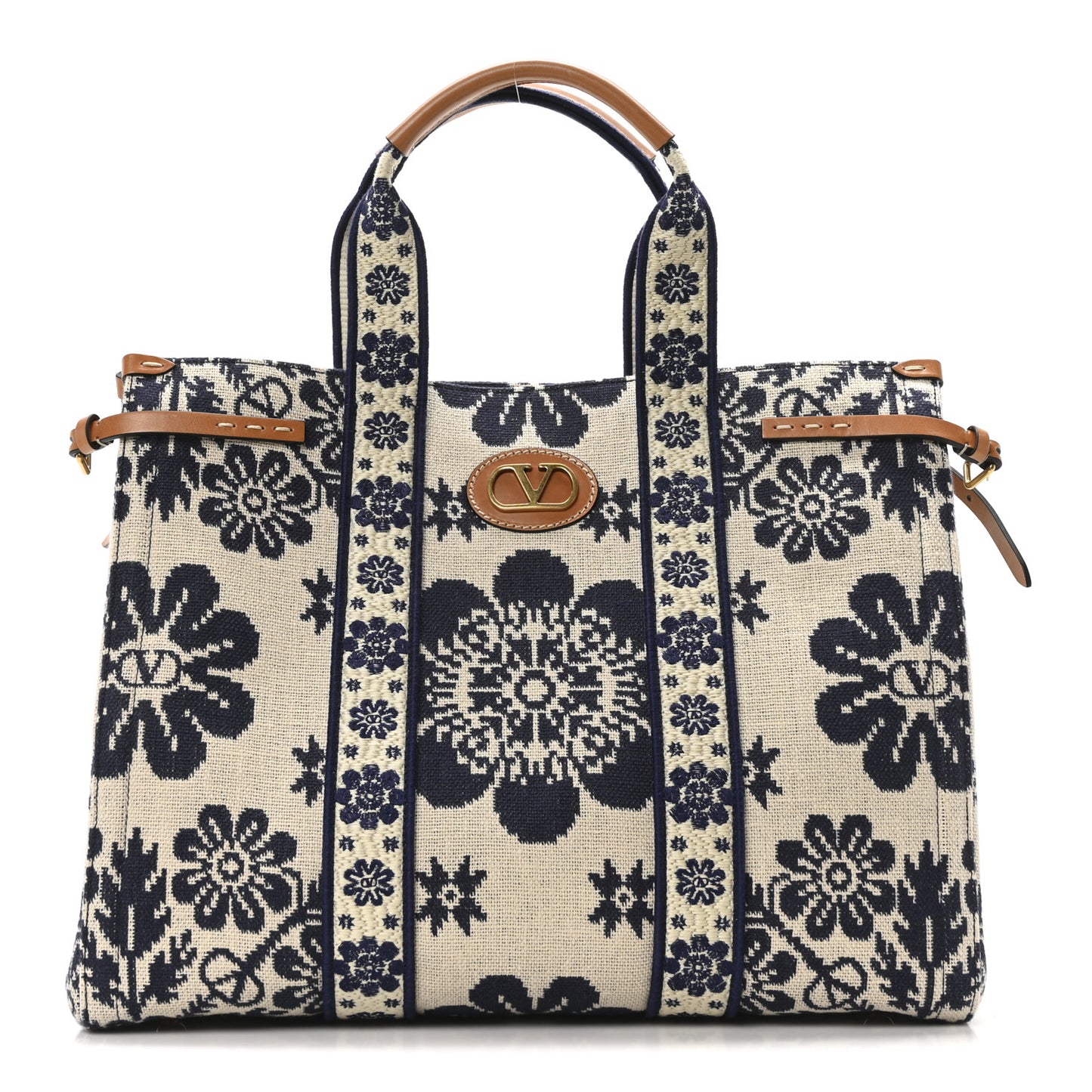 Jacquard Canvas Flower Vlogo Large Antibes Tote Ivory Navy Natural