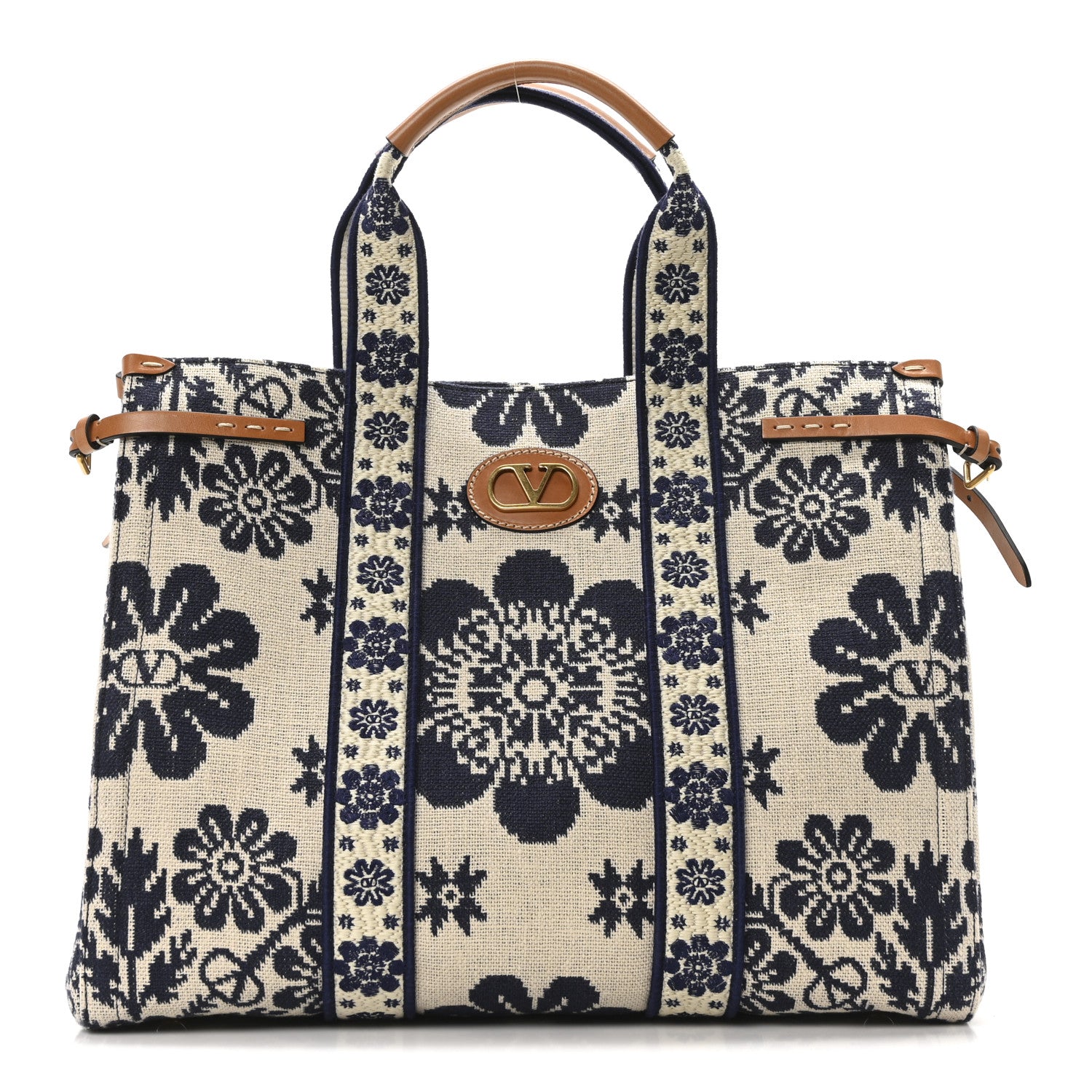 Valentino Garavani Jacquard Canvas Flower Vlogo Large Antibes Tote Ivory Navy Natural 1 of 10