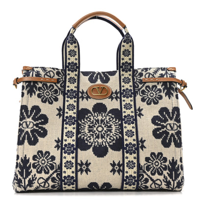 Valentino Garavani Jacquard Canvas Flower Vlogo Large Antibes Tote Ivory Navy Natural 1 of 10