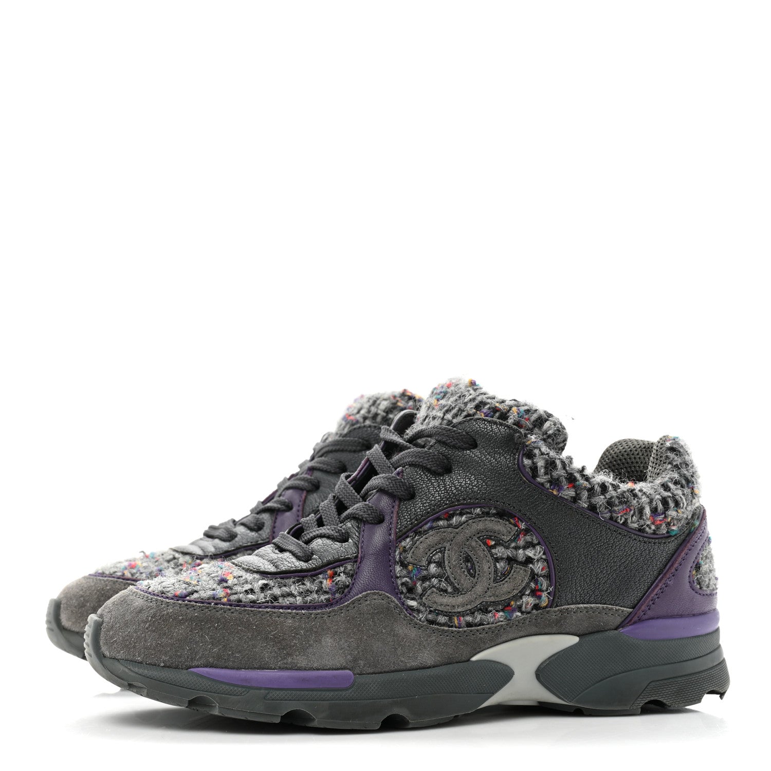 Chanel Suede Tweed Goatskin CC Sneakers 36 Grey Purple 3 of 9