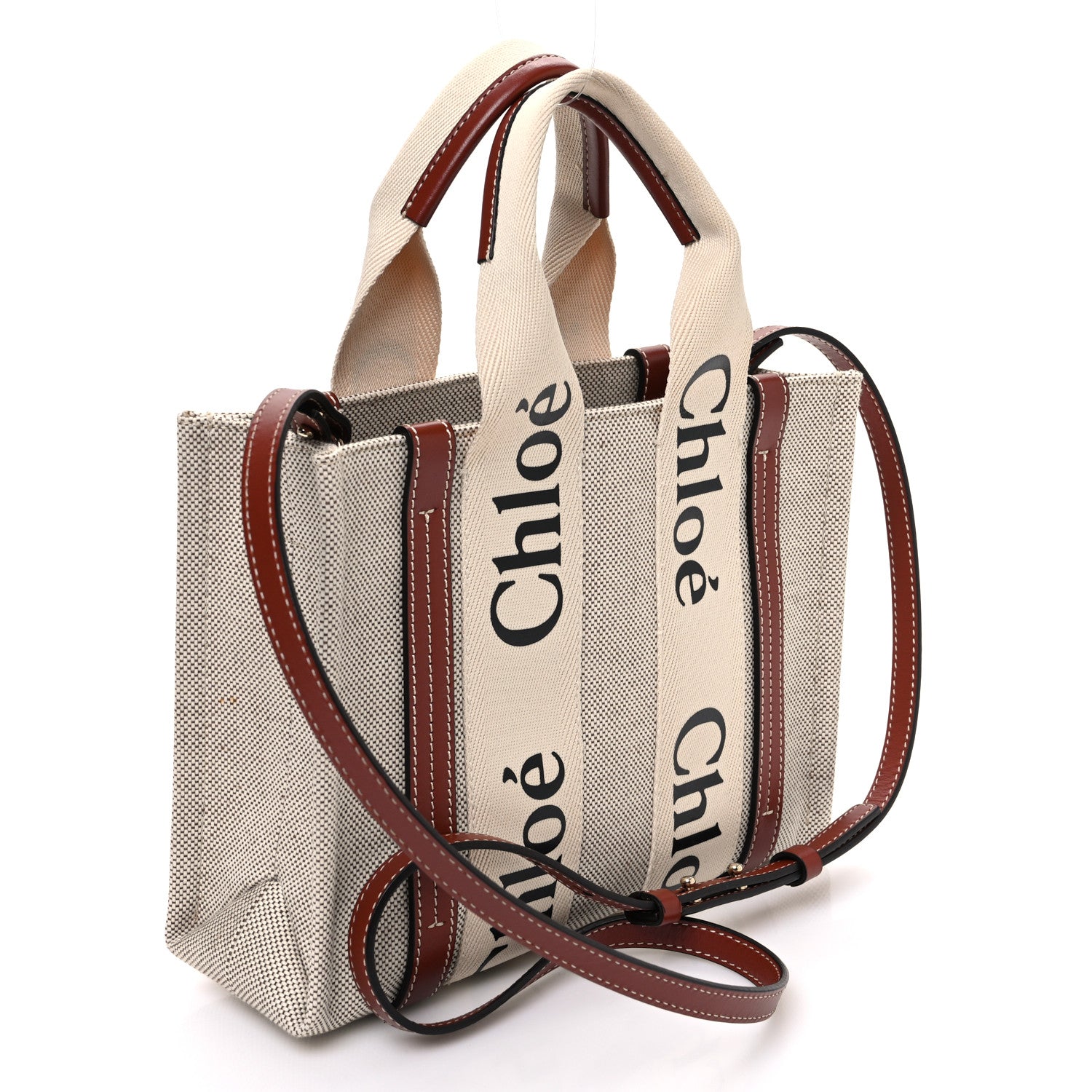 Chloe Cotton Calfskin Small Woody Ribbon Tote With Strap White Brown 3 of 10