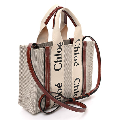 Chloe Cotton Calfskin Small Woody Ribbon Tote With Strap White Brown 3 of 10