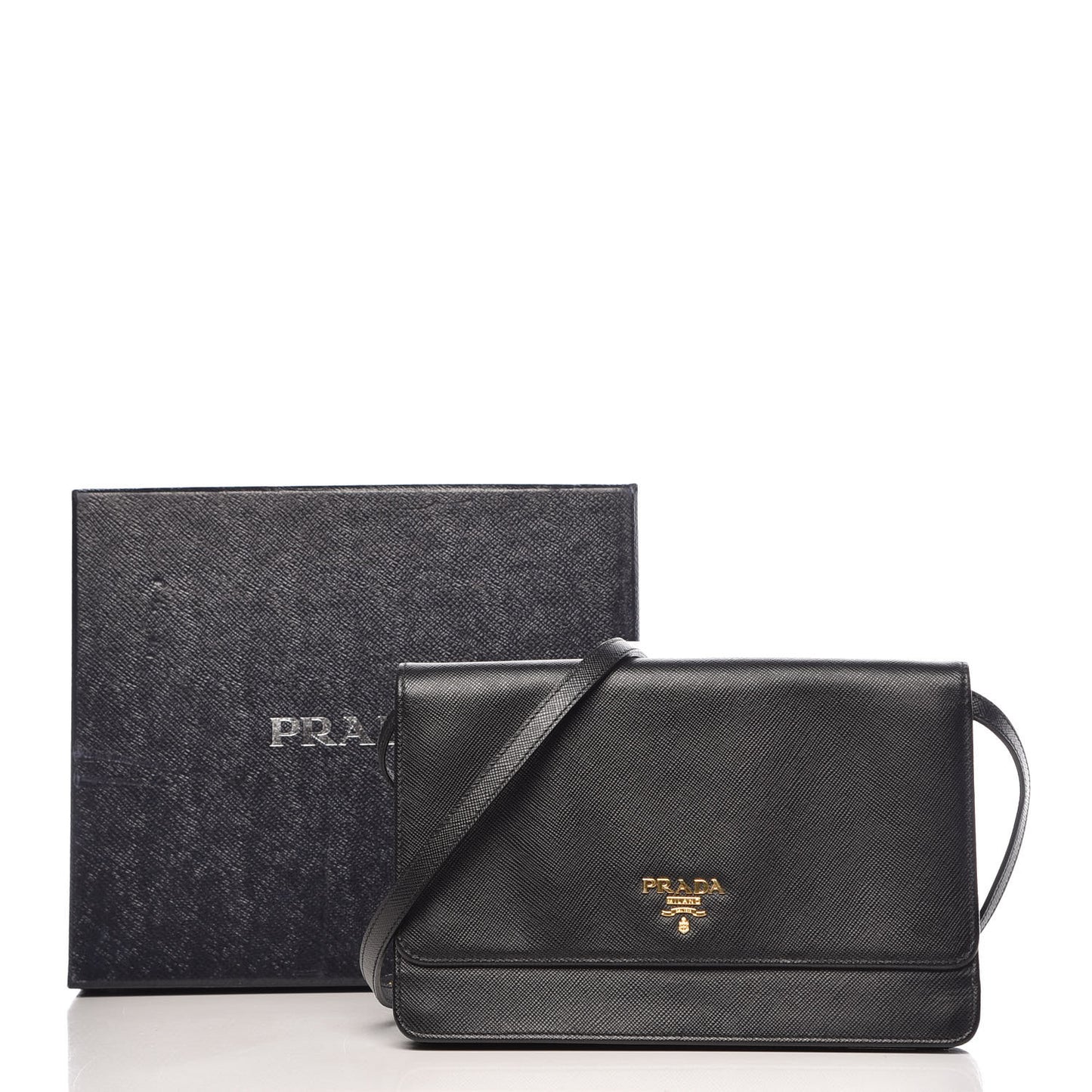 Saffiano Metal Flap Wallet With Strap Black