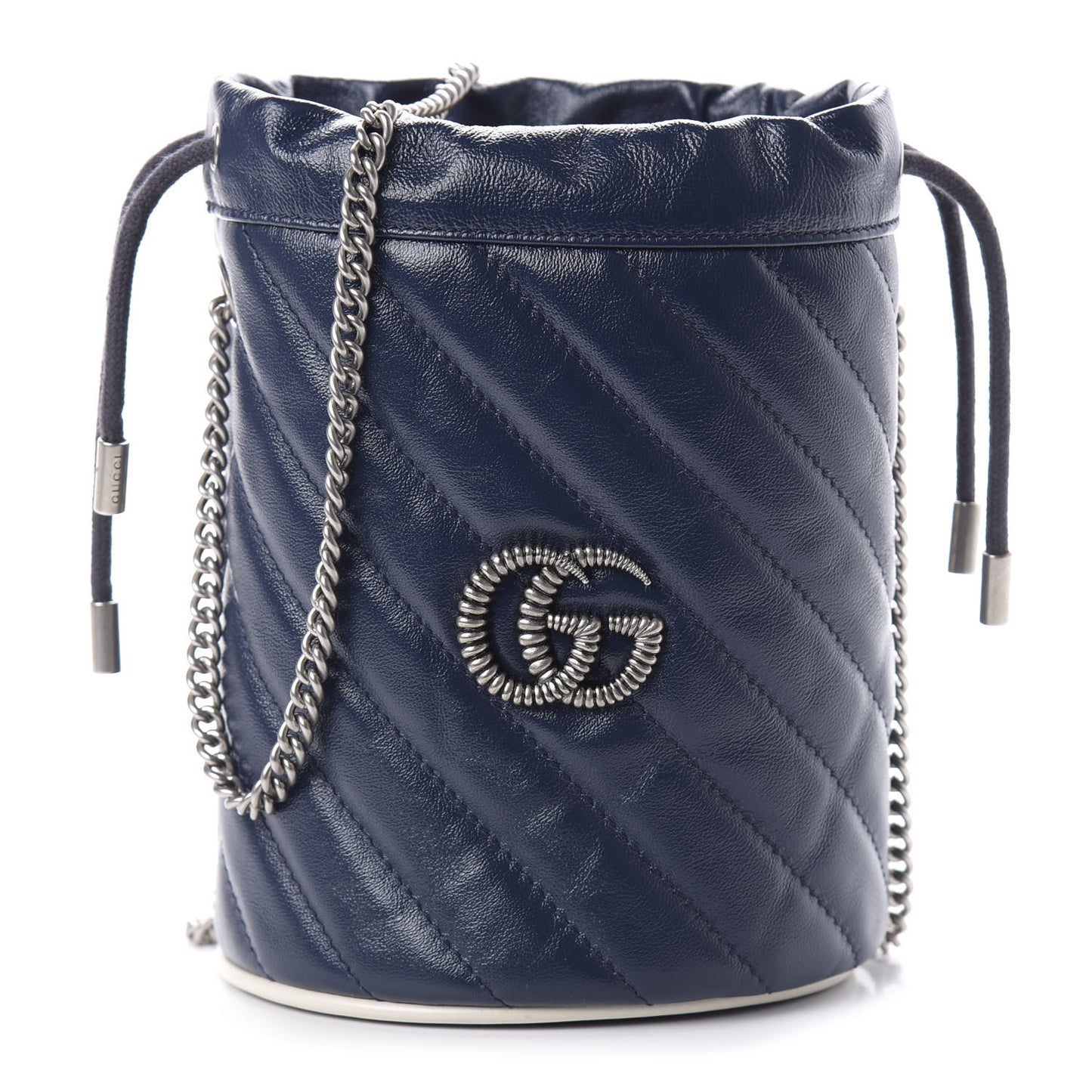Vintage Effect Calfskin Matelasse Diagonal Mini Torchon GG Marmont 2.0 Bucket Bag Blue Agata Mystic White