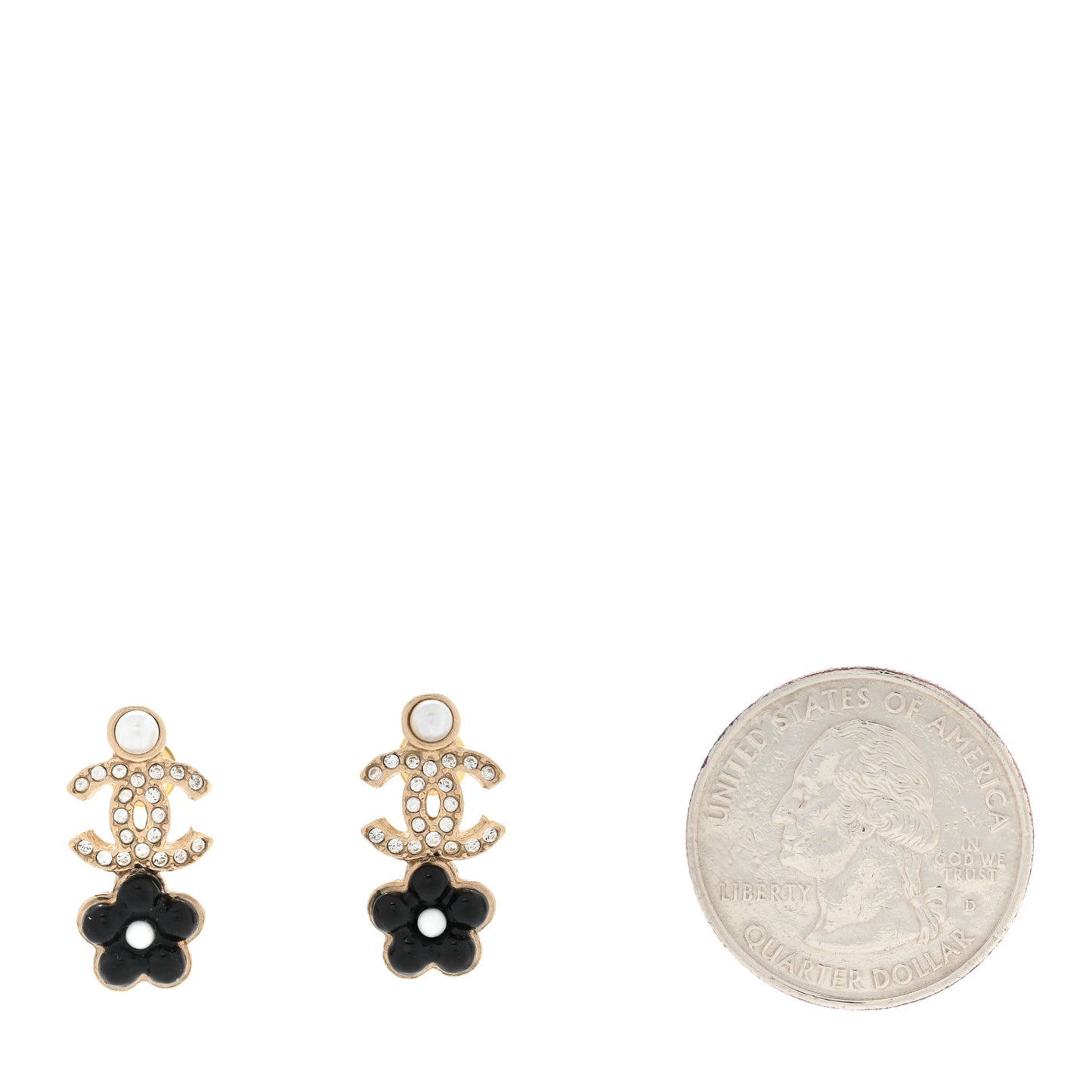 Crystal Pearl CC Flower Earrings Black Gold