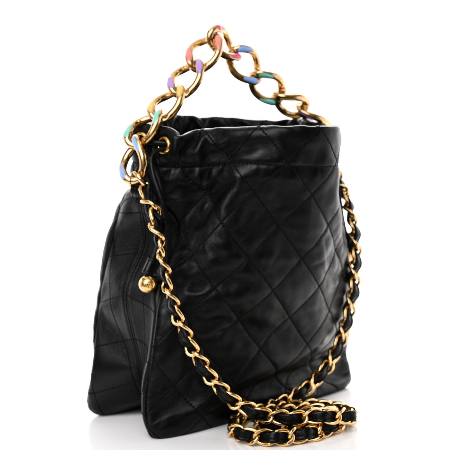 Lambskin Quilted Enamel Drawstring Bag Black Multicolor