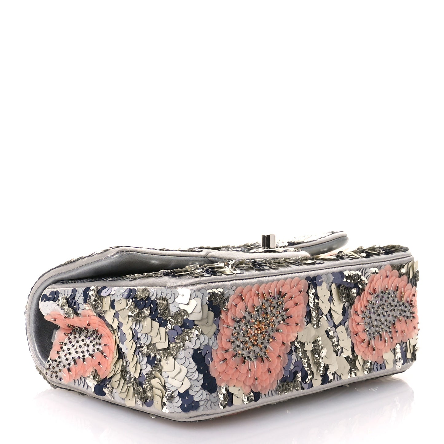 Satin Sequin Embellished Flower Mini Rectangular Flap Argent Multicolor