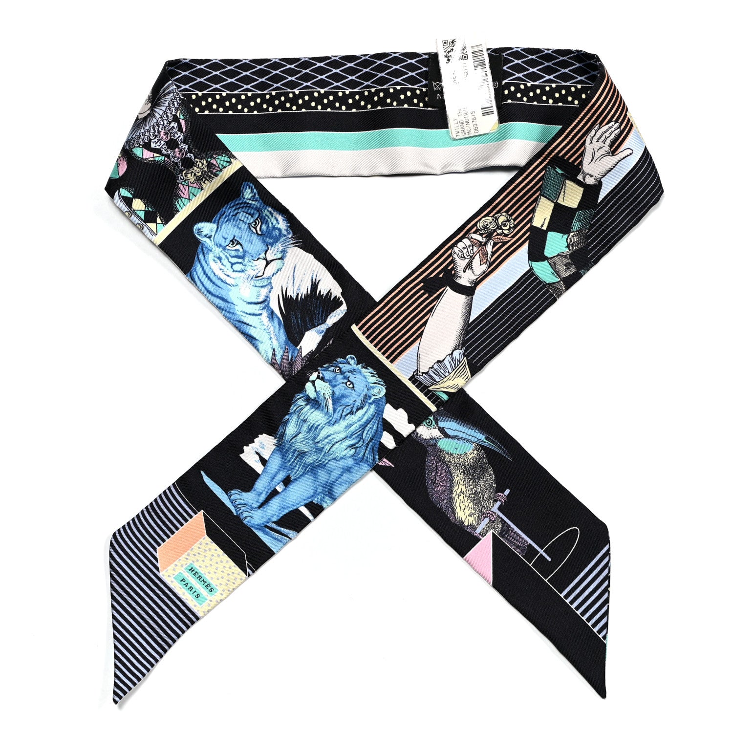 Hermes Silk Twilly Grand Theatre Nouveau Black Bleu Vert 1 of 4
