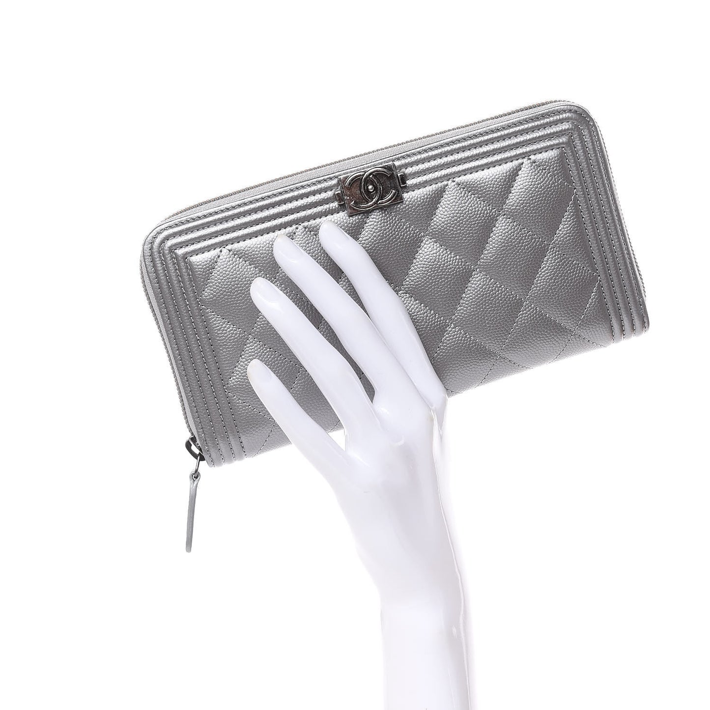 Metallic Caviar Quilted Boy L-Gusset Zip Wallet Silver