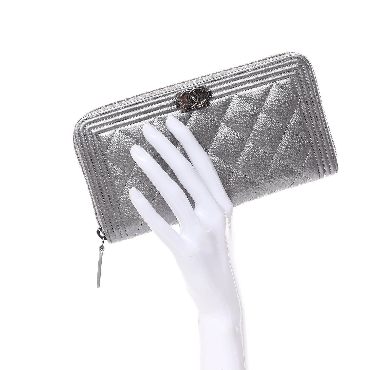 Chanel Metallic Caviar Quilted Boy L-Gusset Zip Wallet Silver 2 of 9