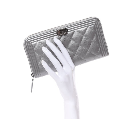 Chanel Metallic Caviar Quilted Boy L-Gusset Zip Wallet Silver 2 of 9