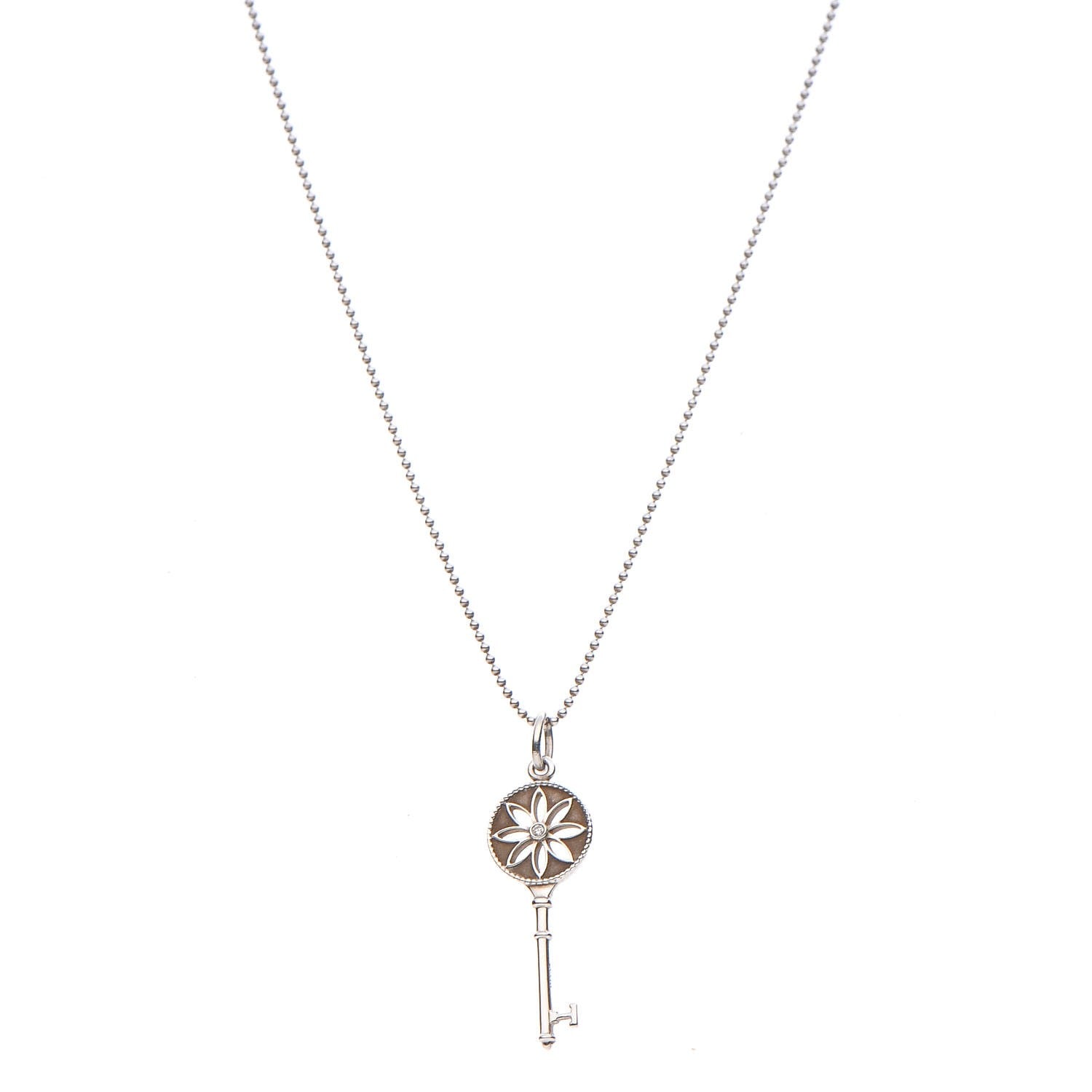 Tiffany Sterling Silver Diamond Small Daisy Key Pendant Necklace 1 of 9