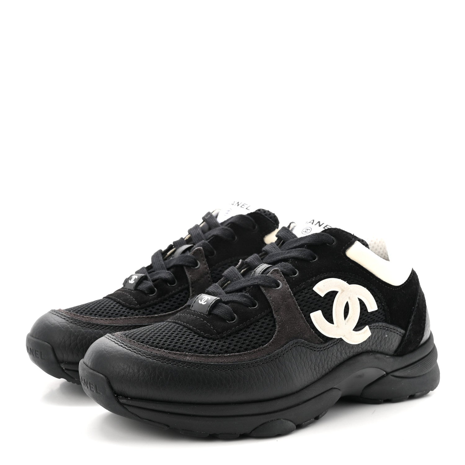 Chanel Mesh Suede Grained Calfskin Womens CC Sneakers 37.5 Black White 4 of 10
