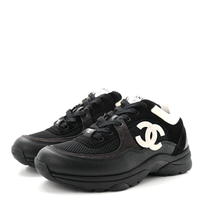 Chanel Mesh Suede Grained Calfskin Womens CC Sneakers 37.5 Black White 4 of 10