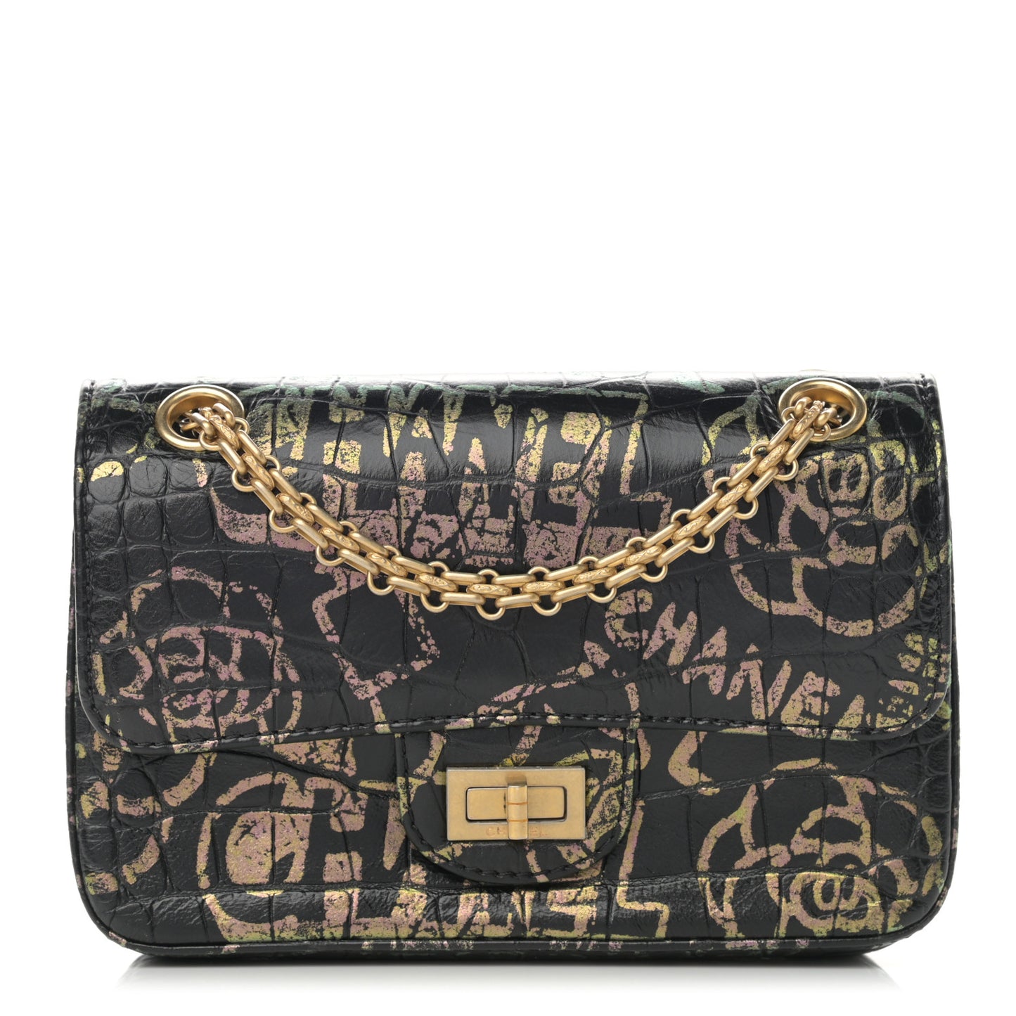 Calfskin Crocodile Embossed Graffiti 2.55 Mini Cocodile Reissue Flap Black Gold