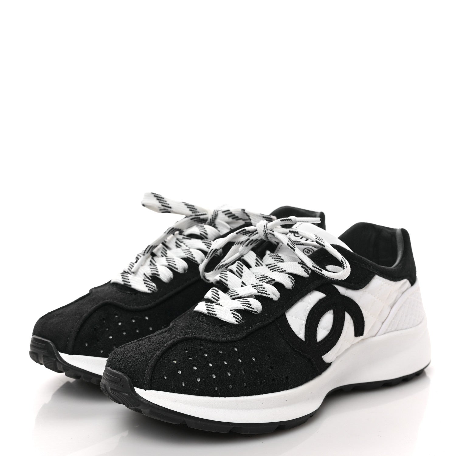 Chanel Fabric Suede Kidskin CC Sneakers 36.5 Dark Navy White 3 of 9