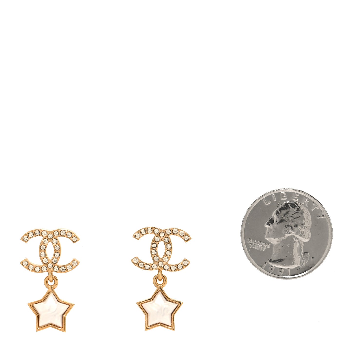 Metal Crystal Pearl CC Star Earrings Gold Pearly White