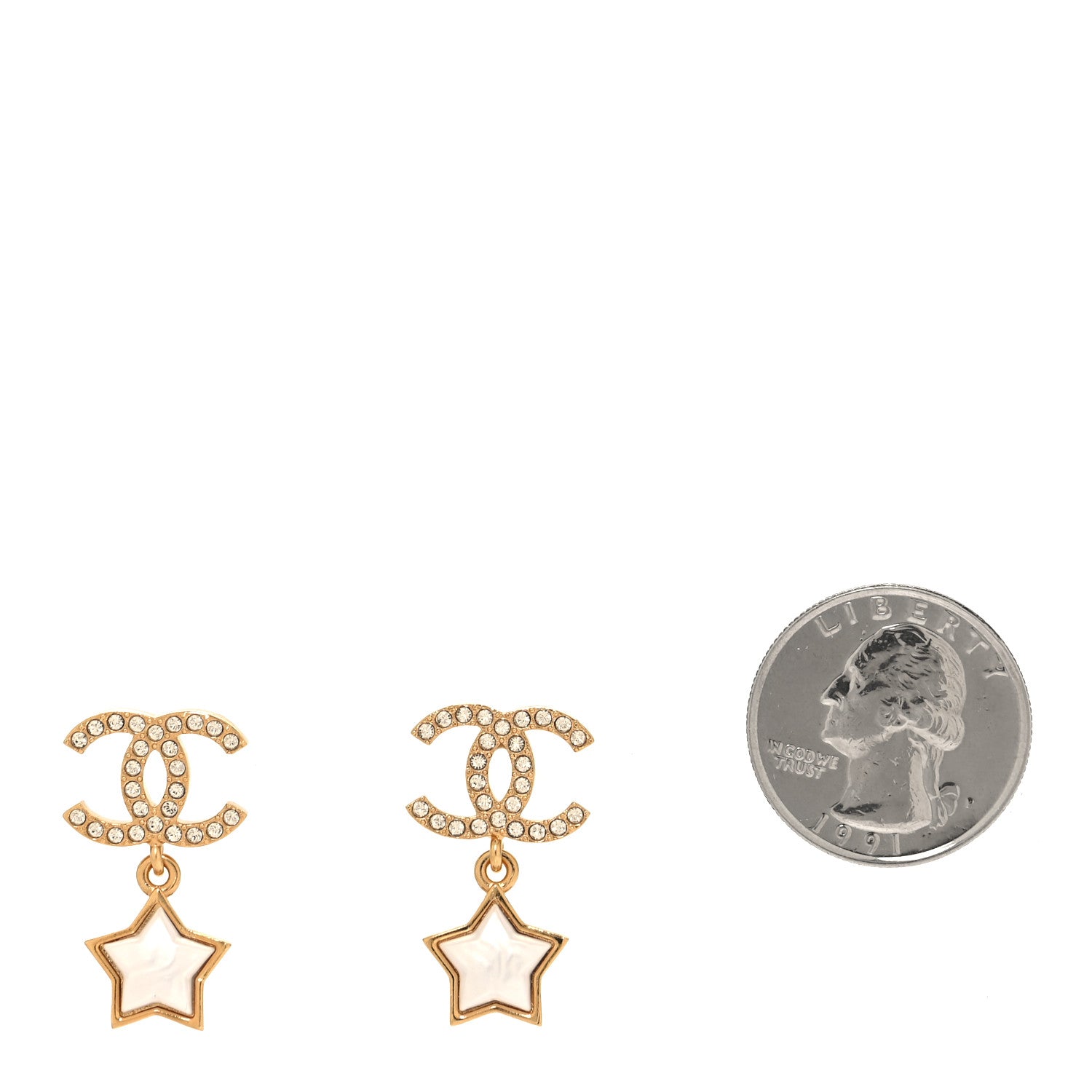Chanel Metal Crystal Pearl CC Star Earrings Gold Pearly White 2 of 4